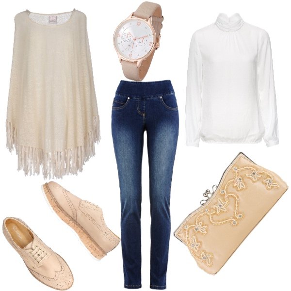 Outfit donna - Semplice serata. Stile Trendy per Serata fuori. Abbinamento con jeans slim fit, bluse, orologio marrone, scarpe stringate stringate con zeppe interno in pelle con punta tonda tinta unita, mantella senza tasche lavorato a maglia collo tondo interno sfoderato tinta unita, clutch farfalla beige.