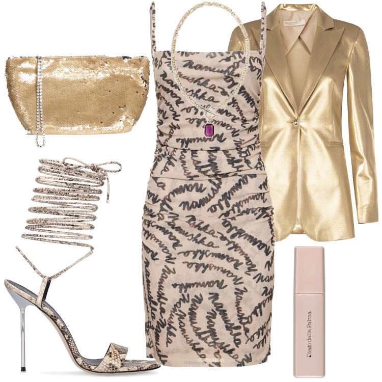 Outfit donna - Total look #1831707. Stile Trendy per Cerimonia. Abbinamento con borse a mano, fondotinta, blazer, collane, vestiti, sandali in pelle.