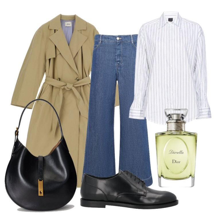 Outfit donna - Trench. per Tutti i giorni. Abbinamento con scarpe stringate, camicie, profumi, cappotti, borse a spalla, jeans dritti.