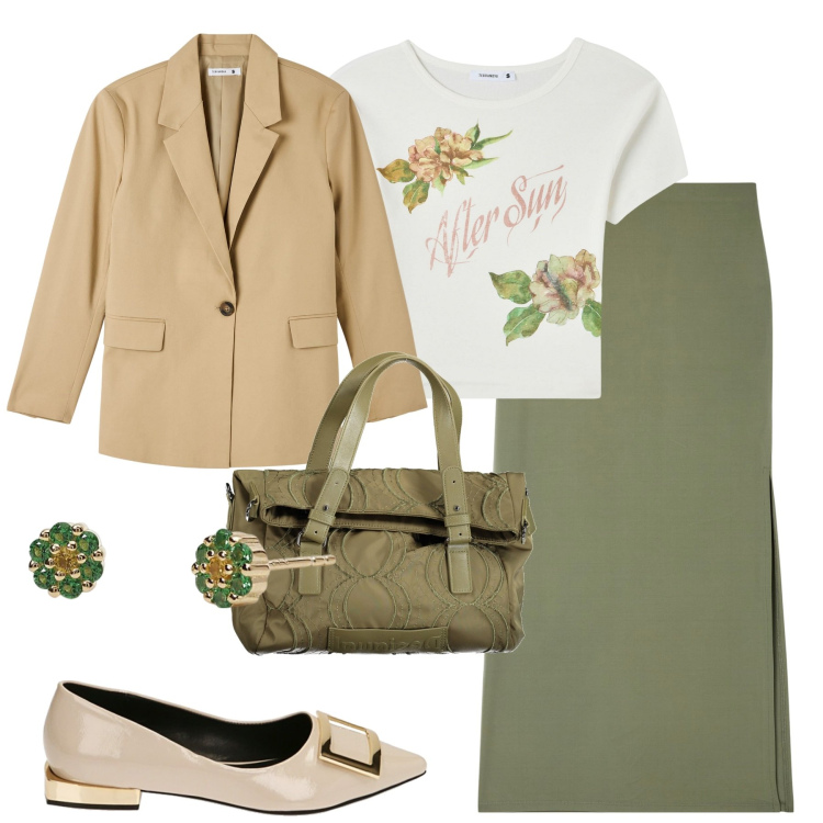 Outfit donna - City. Stile Urban per Tutti i giorni. Abbinamento con gonne lunghe, blazer, t-shirt, orecchini, ballerine, borse a spalla.