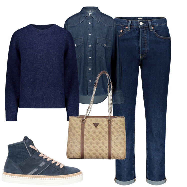 Outfit donna - Doppelganger. Stile Urban per Tutti i giorni. Abbinamento con sneakers alte, jeans, maglieria, pochette, camicie.