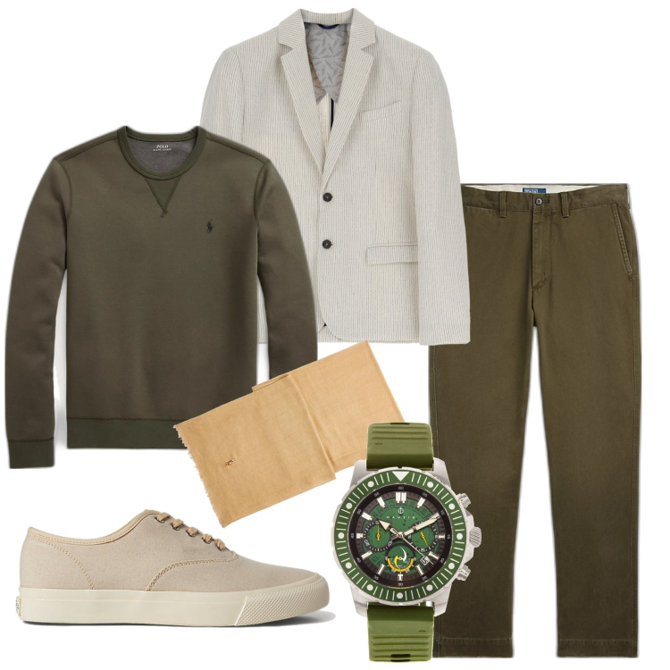 Outfit uomo - Un jour de printemps. Stile Casual per Tutti i giorni. Abbinamento con orologi, giacche, sneakers, pantaloni chino, felpe, sciarpe.