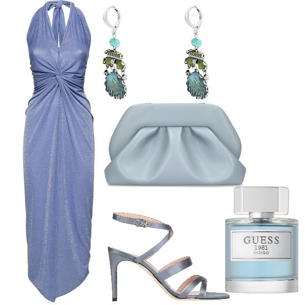 Outfit donna - Aspettando gli Oscar. Stile Glamour per Cerimonia. Abbinamento con orecchini, sandali in pelle, profumi, vestiti, pochette.