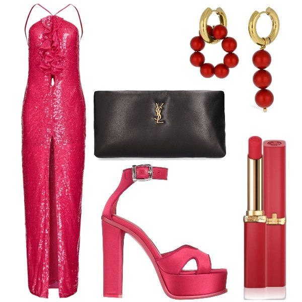 Outfit donna - Aspettando gli Oscar. Stile Glamour per Cerimonia. Abbinamento con sandali in pelle, rossetti, vestiti senza maniche, orecchini, pochette.