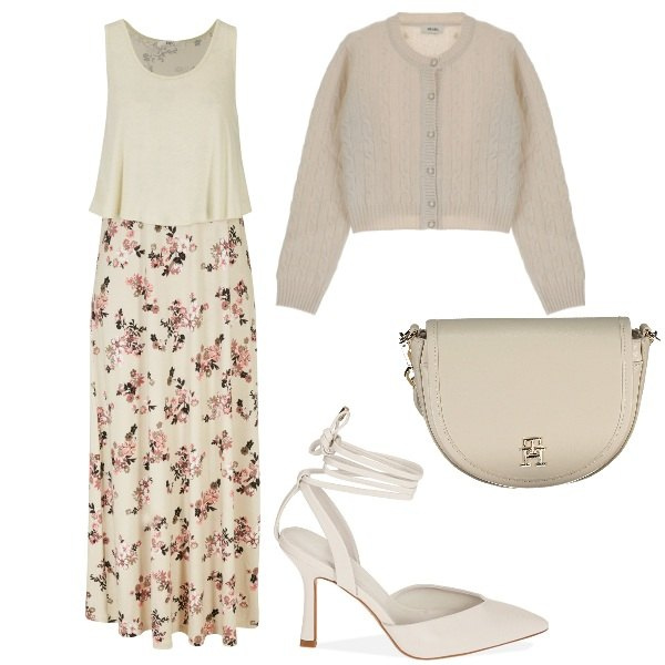 Outfit donna - Ispirazione primaverile. Stile Romantica per Tutti i giorni. Abbinamento con vestiti lunghi, décolleté, cardigans, borse a tracolla.