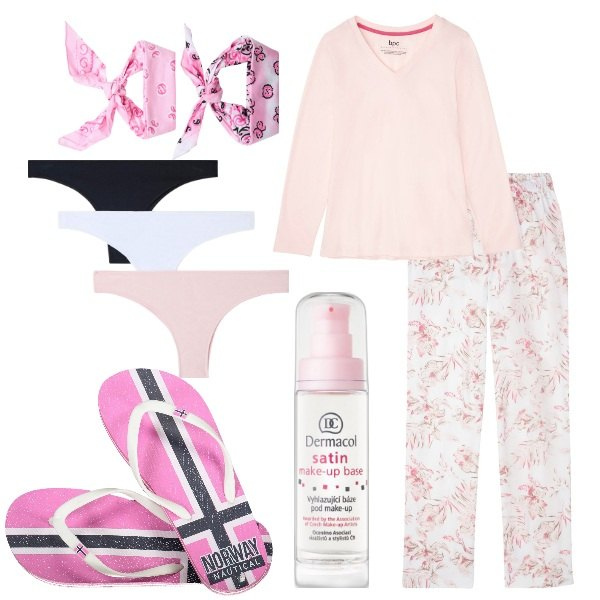 Outfit donna - Notte. Stile Basic per Tutti i giorni. Abbinamento con pigiama, primer, fasce per capelli, culotte, infradito.
