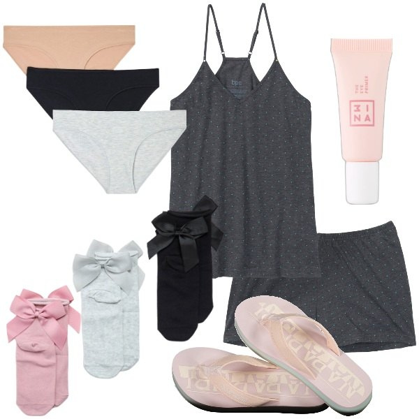 Outfit donna - Notte. Stile Basic per Tutti i giorni. Abbinamento con pigiama, primer, calzini, culotte, infradito.