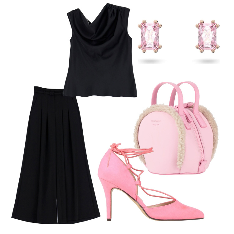 Outfit donna - Con una giacca rosa. Stile Casual chic per Cerimonia. Abbinamento con zaini, orecchini, décolleté, pantaloni a palazzo, canottiere.