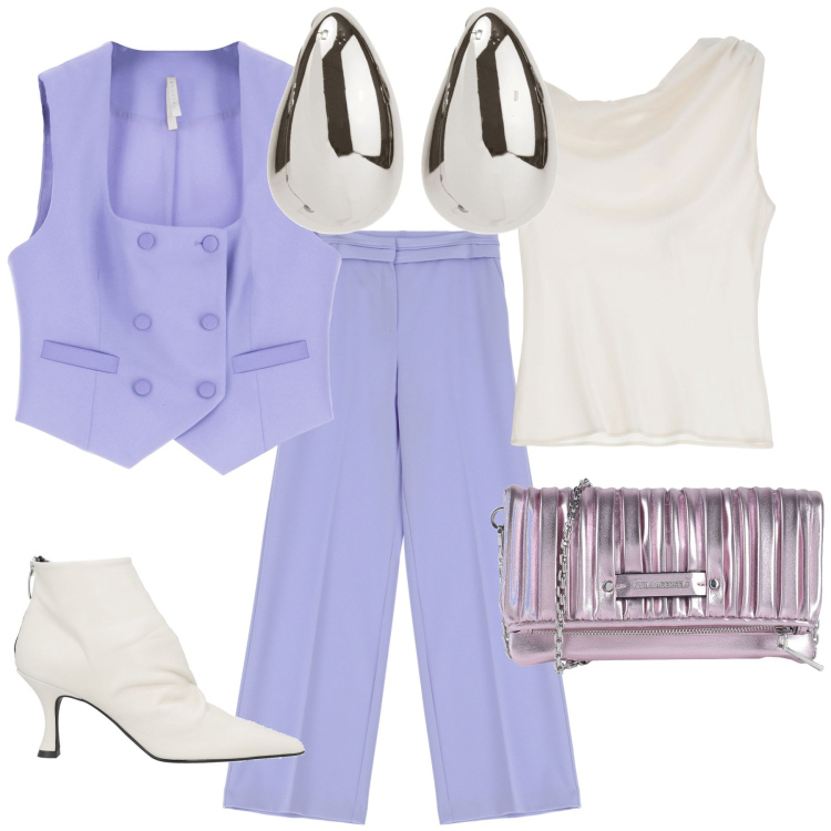 Outfit donna - Completo Gilet e pantaloni. Stile Chic per Cerimonia. Abbinamento con stivaletti, borse a mano, orecchini, pantaloni, gilet, canottiere.