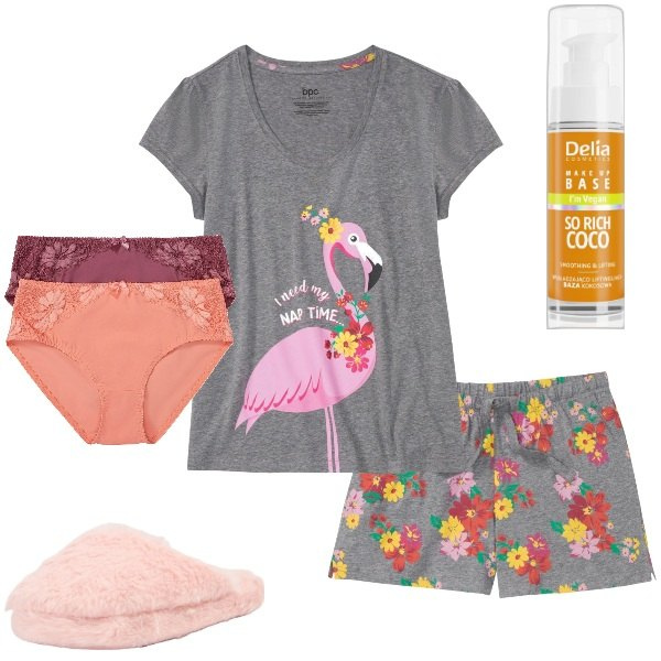 Outfit donna - La cicogna. Stile Basic per Tutti i giorni. Abbinamento con pigiama, slip, primer, pantofole.
