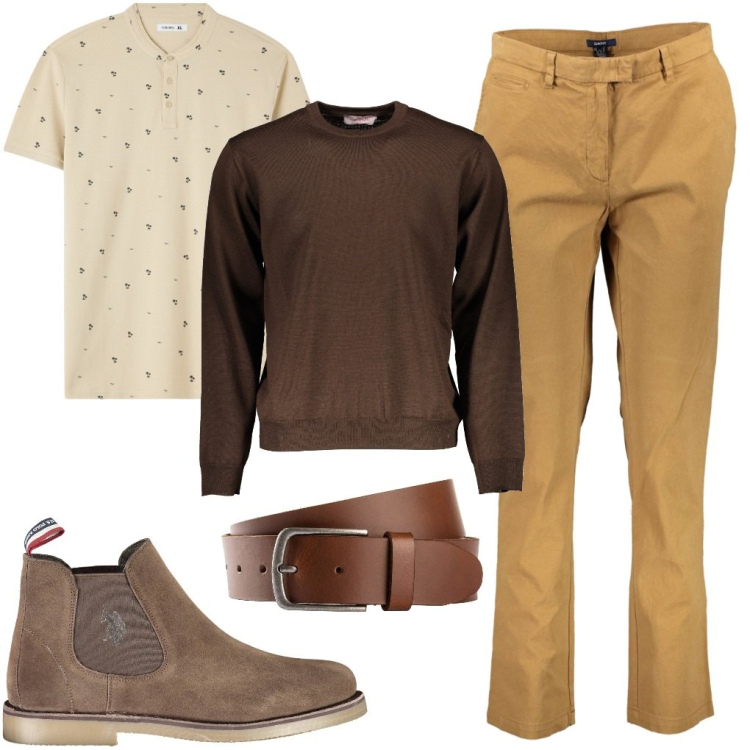 Outfit uomo - Fabian: toni legnosi. Stile Urban per Tutti i giorni. Abbinamento con cinture, t-shirt, stivali, maglieria, pantaloni.