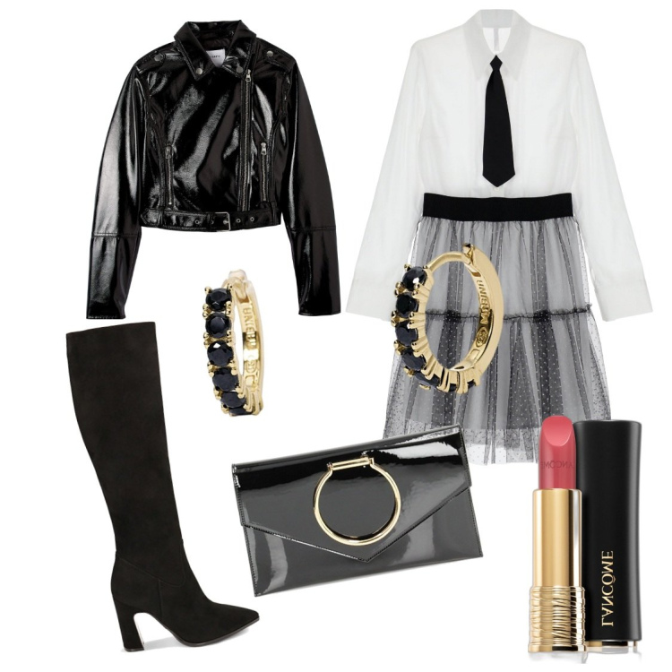 Outfit donna - Abito con gonna in tulle. Stile Glamour per Serata fuori. Abbinamento con rossetti, giacche, orecchini, vestiti corti, stivali sopra il ginocchio, pochette.