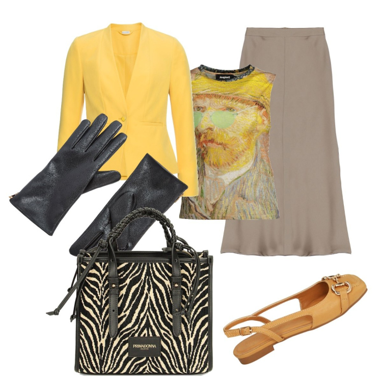 Outfit donna - Semplice ma elegante. Stile Casual chic per Ufficio. Abbinamento con blazer, guanti, ballerine, borse a mano, gonne longuette, canottiere.