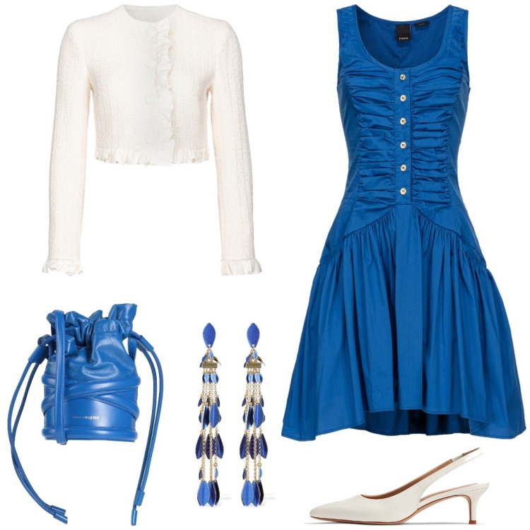 Outfit donna - Pomeriggio in azzurro. Stile Vintage retrò per Tutti i giorni. Abbinamento con borse a tracolla, vestiti corti, blazer, décolleté, orecchini.