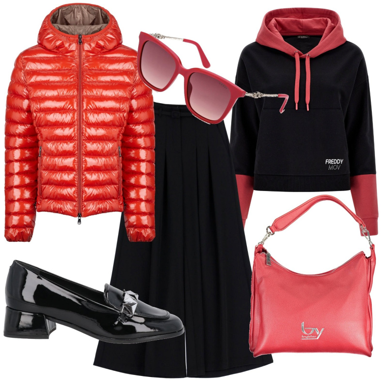 Outfit donna - Ultime giornate fredde. Stile Casual per Tutti i giorni. Abbinamento con mocassini, pantaloni a palazzo, felpe con cappuccio, blazer, occhiali da sole, borse a spalla.