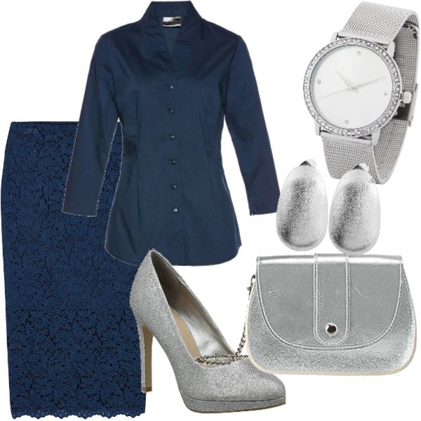 Outfit donna - Blu e argento. Stile Bon Ton per Ufficio. Abbinamento con camicie, orologio, gonna midi con pizzo aderente blu, scarpe col tacco argento, shopping bag argento, orecchini argento.
