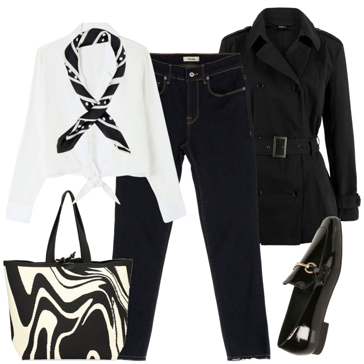 Outfit donna - Il trench corto. Stile Urban per Tutti i giorni. Abbinamento con trench, camicie, jeans slim fit, foulard, mocassini, borse a spalla.