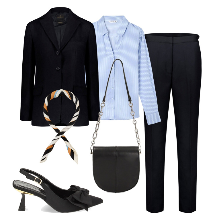 Outfit donna - City. Stile Urban per Tutti i giorni. Abbinamento con camicie, foulard, borse a tracolla, décolleté, pantaloni, blazer.