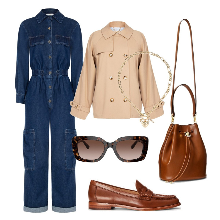 Outfit donna - La tuta in jeans. Stile Casual chic per Tutti i giorni. Abbinamento con tute, trench, mocassini, borse a secchiello, occhiali da sole, ciondoli.