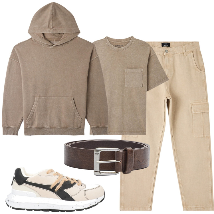 Outfit uomo - City. Stile Urban per Tutti i giorni. Abbinamento con sneakers, t-shirt, pantaloni cargo, cinture, felpe con cappuccio.