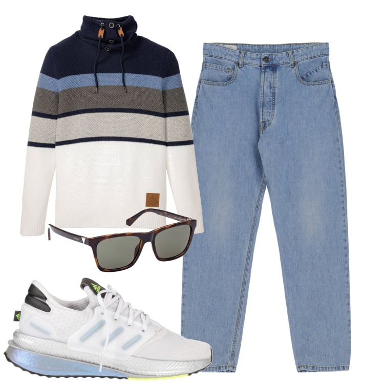 Outfit uomo - City. Stile Urban per Tutti i giorni. Abbinamento con maglieria, sneakers, jeans slim fit, occhiali da sole.