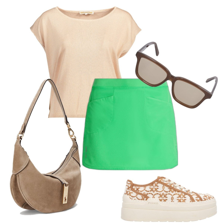 Outfit donna - Pensando all’estate. Stile Casual chic per Tutti i giorni. Abbinamento con sneakers, borse a spalla, minigonne, t-shirt, occhiali da sole.