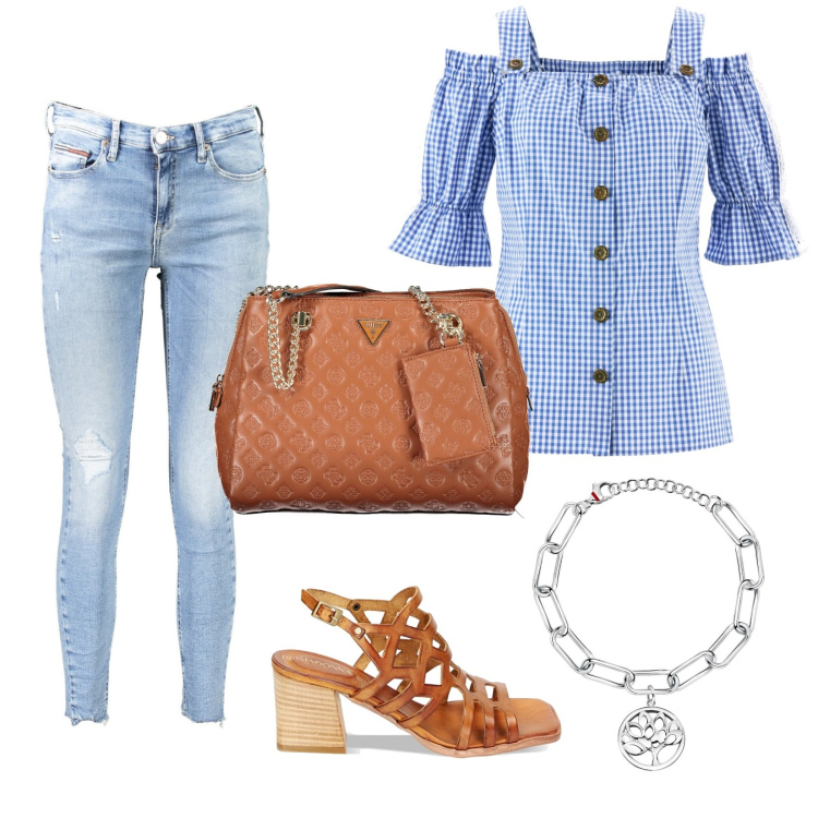 Outfit donna - Total look #1831971. Stile Casual chic per Tutti i giorni. Abbinamento con camicie a manica corta, braccialetti, sandali col tacco, jeans skinny, borse a spalla.