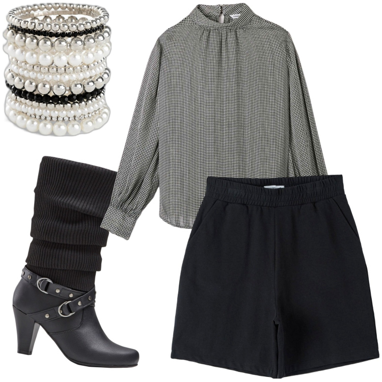 Outfit donna - Total look #1832004. Stile Rock per Serata fuori. Abbinamento con braccialetti, stivali, bermuda, bluse.