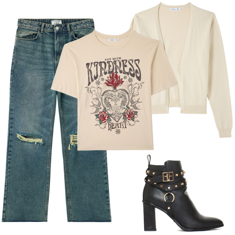 Outfit donna - Total look #1832009. Stile Sporty chic per Scuola/Università. Abbinamento con jeans strappati, t-shirt, cardigans, stivaletti.