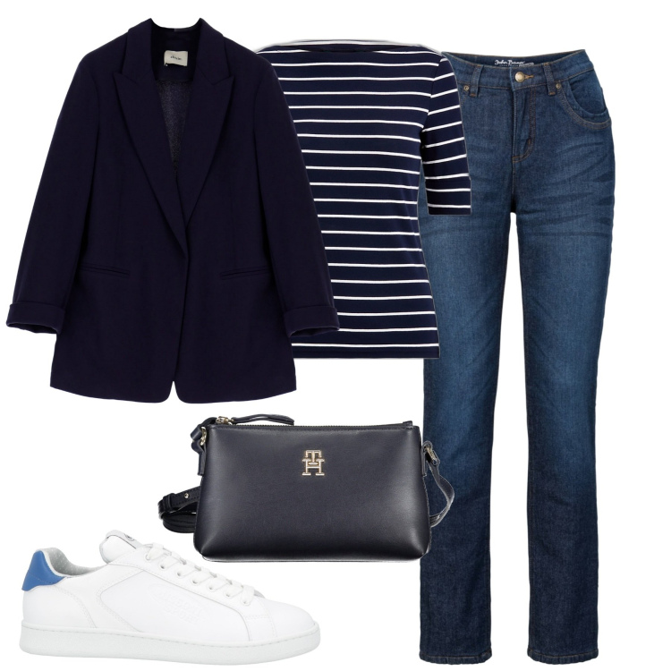 Outfit donna - Total look #1832011. Stile Casual chic per Tutti i giorni. Abbinamento con jeans dritti, sneakers, blazer, maglieria, borse a tracolla.
