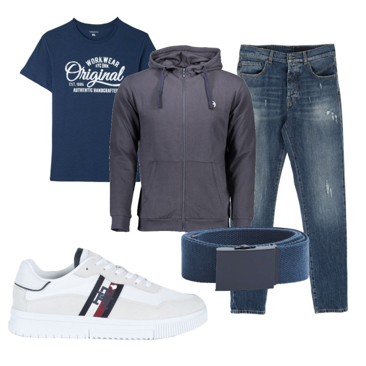 Outfit uomo - Total look #1832044. Stile Casual per Tutti i giorni. Abbinamento con sneakers, t-shirt, cinture, jeans dritti, felpe con cappuccio.