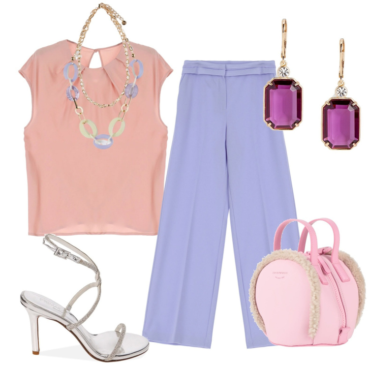 Outfit donna - Total look #1832061. Stile Glamour per Cerimonia. Abbinamento con zaini, pantaloni, top, sandali col tacco, orecchini, ciondoli.