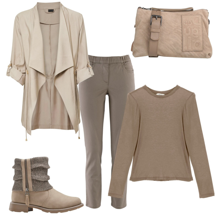 Outfit donna - I colori della terra. Stile Casual chic per Tutti i giorni. Abbinamento con pantaloni, stivaletti, blazer, borse a tracolla, maglieria.
