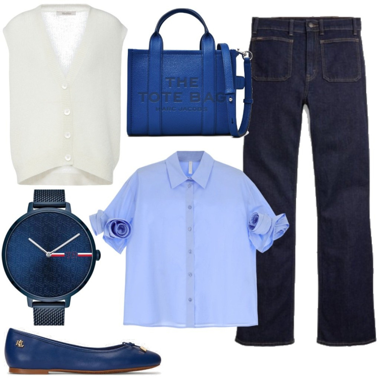 Outfit donna - Letizia: una camicia così!. Stile Casual chic per Ufficio. Abbinamento con orologi, camicie a manica corta, ballerine, jeans bootcut, cardigans, shopping bag.