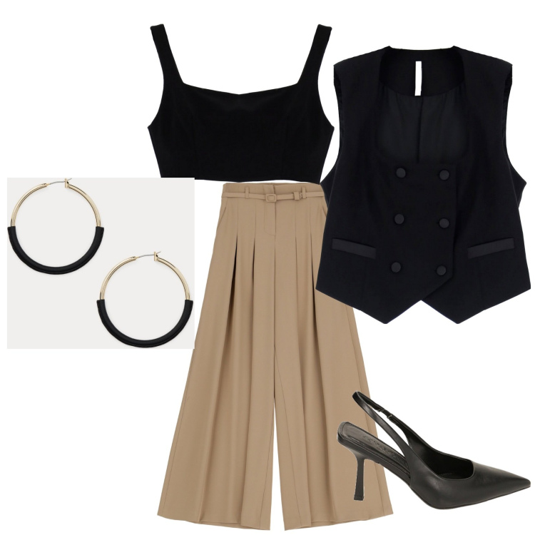 Outfit donna - Cerimonia Easy. Stile Casual chic per Cerimonia. Abbinamento con gilet, top, pantaloni a palazzo, décolleté, orecchini.