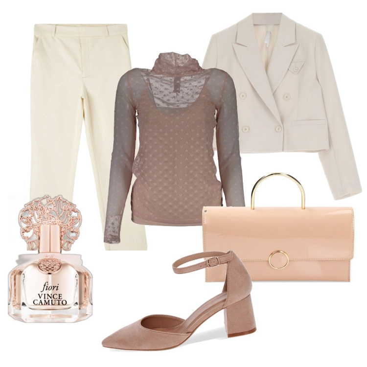 Outfit donna - Outfit marzo sognante. Stile Chic per Cerimonia. Abbinamento con profumi, pantaloni chino, blazer, décolleté, pochette, maglieria.