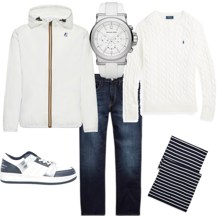 Outfit uomo - Trendy per il week end. Stile Trendy per Tutti i giorni. Abbinamento con sneakers, orologi, jeans dritti, maglieria, sciarpe, giacche.