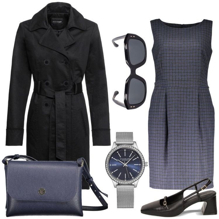 Outfit donna - Ufficio. Stile Bon Ton per Ufficio. Abbinamento con trench, orologi, décolleté, vestiti corti, borse a spalla, occhiali da sole.