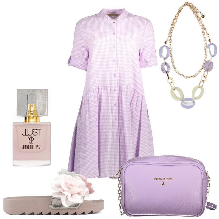 Outfit donna - Abito corto di giorno estivo. Stile Casual chic per Tutti i giorni. Abbinamento con profumi, ciabatte, ciondoli, vestiti corti, borse a tracolla.