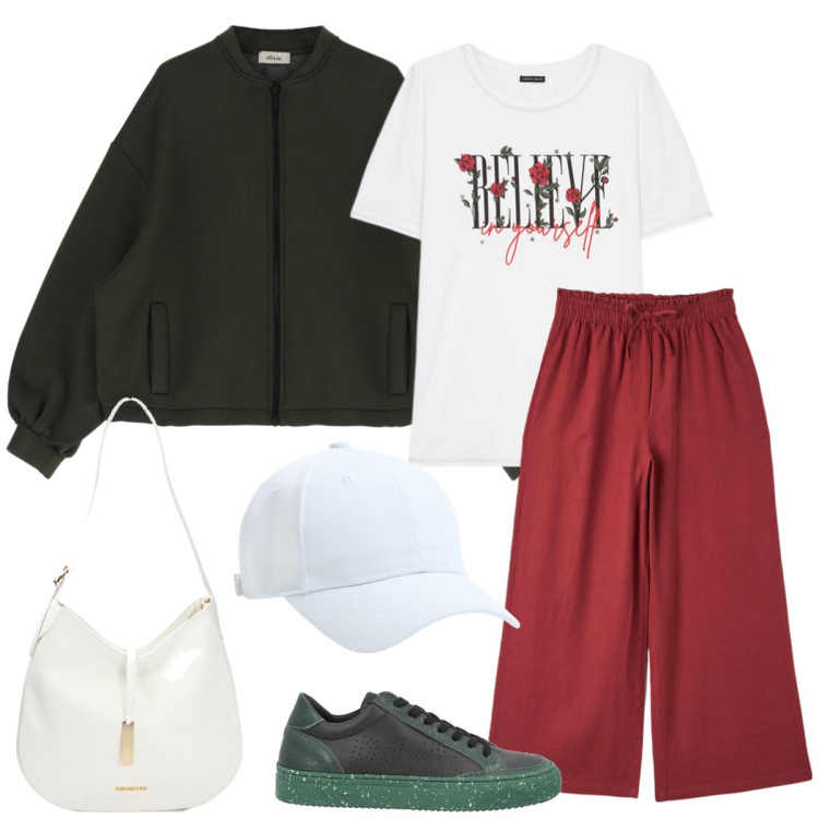 Outfit donna - Al parco. Stile Casual per Tutti i giorni. Abbinamento con sneakers, cappelli, pantaloni, borse a spalla, cappotti, t-shirt.