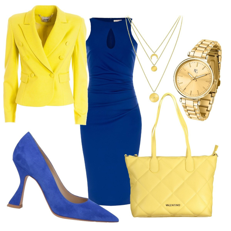 Outfit donna - Una giornata primaverile. Stile Bon Ton per Tutti i giorni. Abbinamento con décolleté, ciondoli, orologi, vestiti midi/longuette, blazer, borse a spalla.