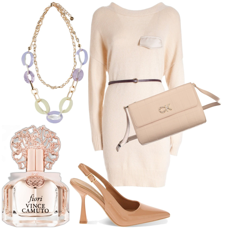 Outfit donna - Cipria bonton. Stile Bon Ton per Ufficio. Abbinamento con profumi, vestiti midi/longuette, décolleté, ciondoli, borse a tracolla.