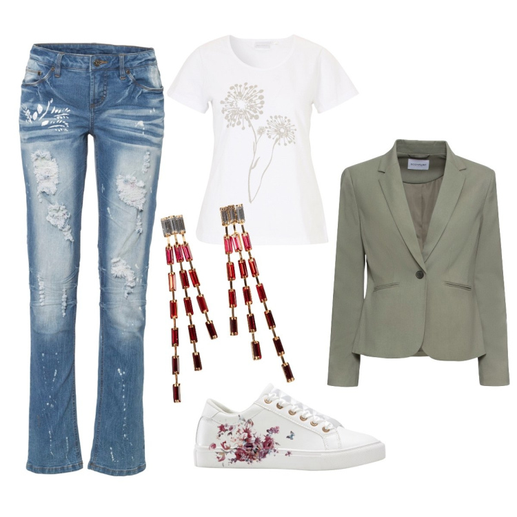 Outfit donna - Soft Daily. Stile Casual chic per Tutti i giorni. Abbinamento con jeans strappati, blazer, t-shirt, sneakers, orecchini.