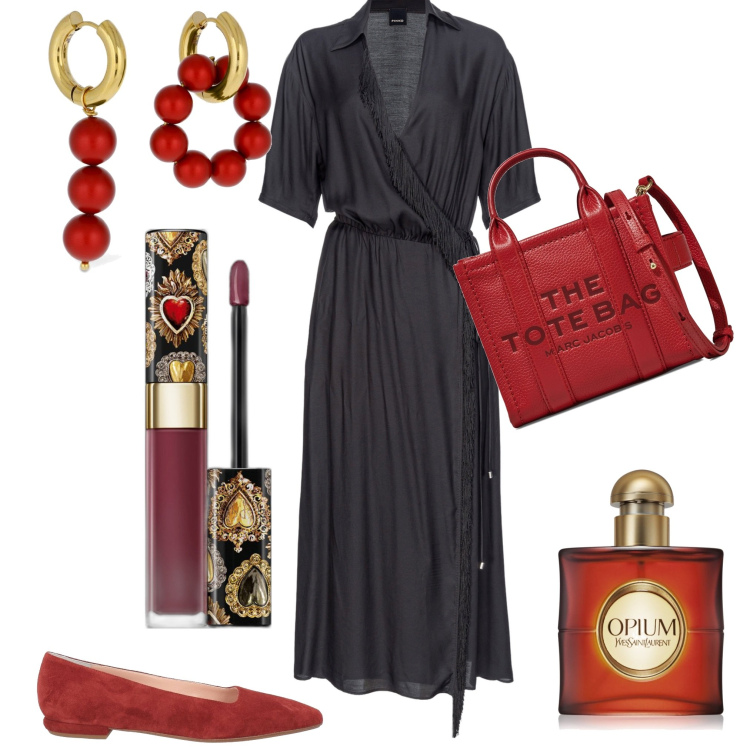 Outfit donna - Eleganza. Stile Chic per Serata fuori. Abbinamento con ballerine, profumi, rossetti, vestiti lunghi, orecchini, borse a tracolla.