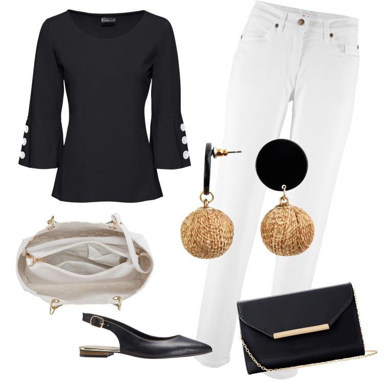 Outfit donna - Day & Nigtht in bianco e nero. Stile Minimal per Tutti i giorni. Abbinamento con jeans mom, ballerine, orecchini, maglieria, pochette, borse a mano.