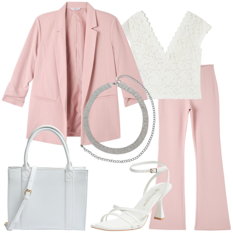 Outfit donna - Total look #1832260. Stile Glamour per Cerimonia. Abbinamento con t-shirt, cinture, pantaloni, blazer, sandali col tacco, shopping bag.