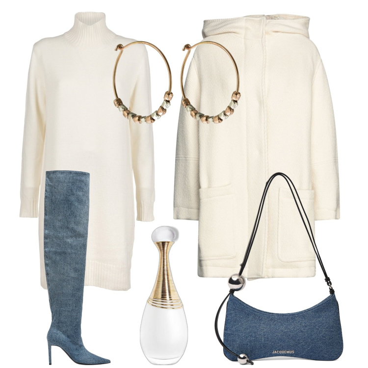 Outfit donna - Friday. Stile Chic per Tutti i giorni. Abbinamento con cappotti, profumi, stivali sopra il ginocchio, borse a spalla, orecchini, vestiti.