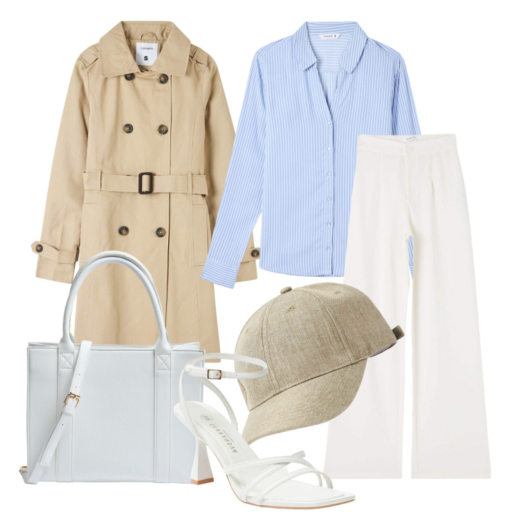 Outfit donna - Ghost outfitter - marzo. Stile Glamour per Tutti i giorni. Abbinamento con pantaloni, trench, camicie, sandali col tacco, shopping bag, cappelli.
