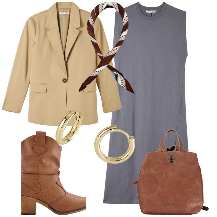 Outfit donna - Al lavoro. Stile Casual chic per Tutti i giorni. Abbinamento con stivaletti texani, vestiti senza maniche, blazer, orecchini, foulard, zaini.