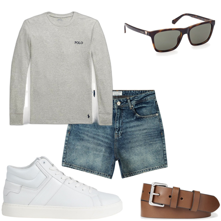Outfit uomo - Bermuda jeans per la città. Stile Casual per Tutti i giorni. Abbinamento con sneakers alte, shorts, maglieria, cinture, occhiali da sole.